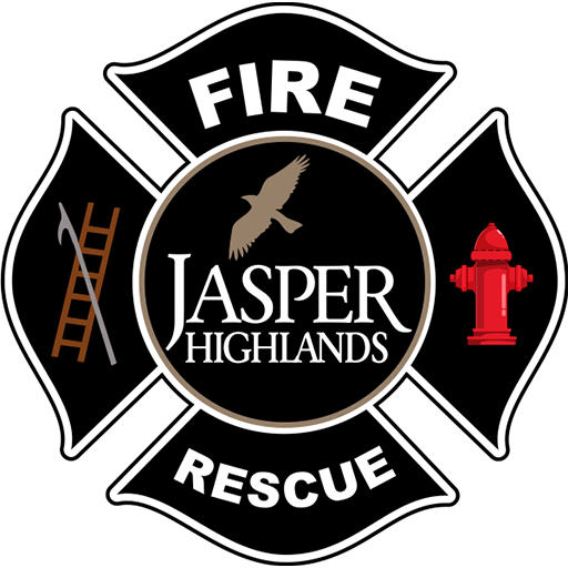 A firefighter’s Maltese cross logo with the words “Fire Rescue” and “Jasper Highlands.” It features a bird, a ladder with an axe, and a red fire hydrant on a black and white background.