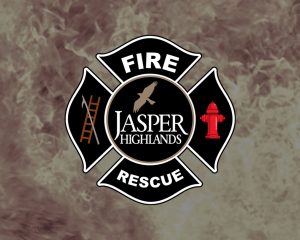A fire department emblem for Jasper Highlands Fire Rescue, featuring a ladder, a bird in flight, a fire hydrant, and a smoky background.