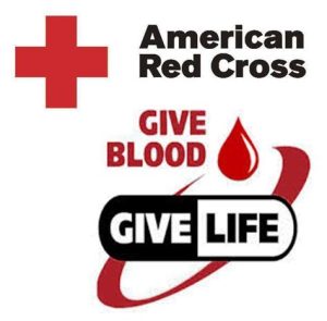The image features the American Red Cross logo and text that reads "Give Blood, Give Life" with a red blood drop graphic and a red cross symbol.